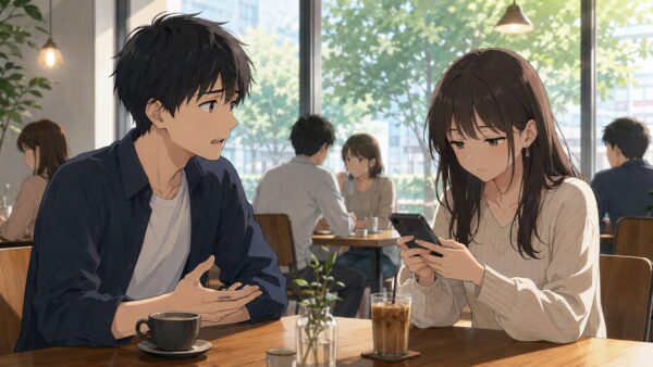 カフェデート中に女性がスマホを見て男性が戸惑うthread出会い後の脈なしサイン