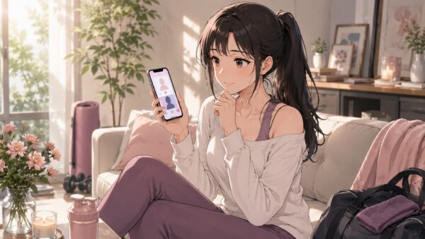自宅でマッチングアプリを見ながら新しい出会いに前向きになる日本人女性