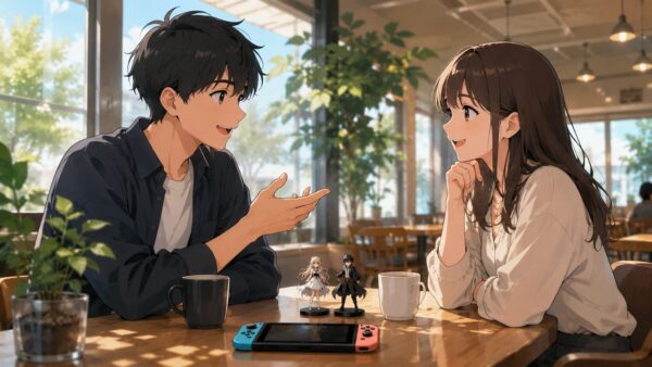 カフェでアニメやゲームの趣味をきっかけに楽しく会話する日本人男女のオタ恋デート