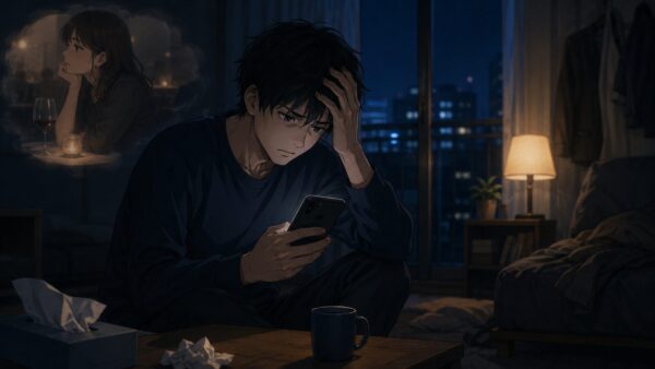 夜の部屋でスマホを見ながらthread出会い後の返信遅れや脈なしに悩む日本人男性