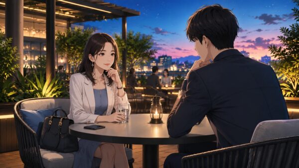 夕暮れのカフェテラスで日本人女性が落ち着いて相手を見極める安全な出会いの場面