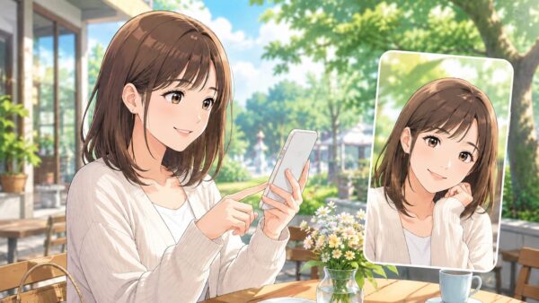 カフェで自然なプロフィール写真を確認する清潔感のある女性
