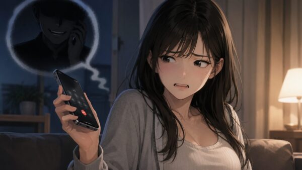 Yayの通話で不快な相手に怯えながらスマホを離す日本人女性の警戒シーン