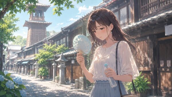 初夏の小江戸川越を歩き疲れてうちわと水を持つ日本人女性