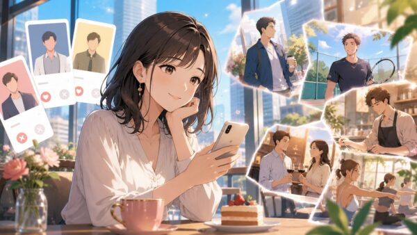 相席屋だけに執着せずPCMAXで新しい出会いを探す日本人女性が、カフェでスマホを見るアニメ画像