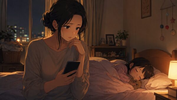 眠る子どものそばでスマホを見つめ母と女の葛藤に揺れる日本人シングルマザーのアニメ画像