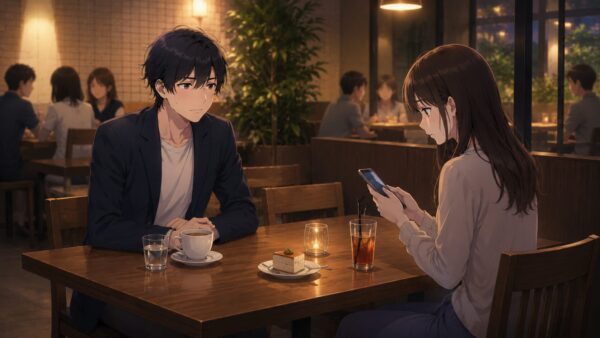 デート中に女性がスマホを見て男性が脈なしを感じるカフェの場面
