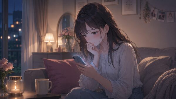 夜の部屋でスマホを見つめ既読無視に悩む日本人女性