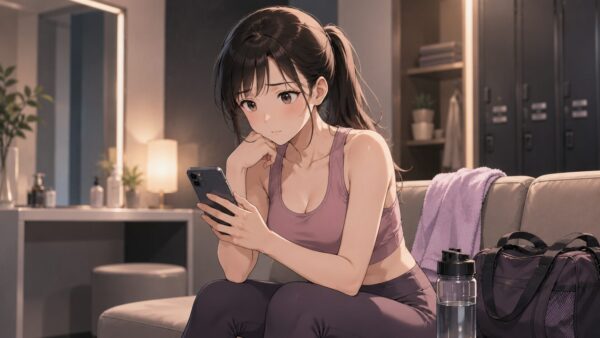 ジム後にスマホを見ながら脈なしLINEに悩む日本人女性のイラスト