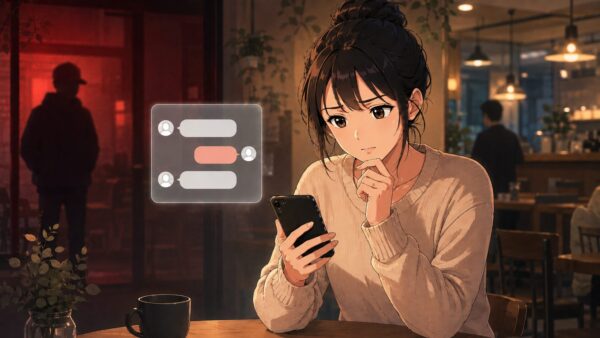 カフェでスマホを見ながら怪しい相手とのカカオ連絡に不安を感じる日本人女性のアニメイラスト
