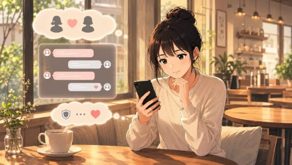 カフェで安心してスマホのメッセージを確認する日本人女性とカカオ交換のメリットを表すアニメイラスト