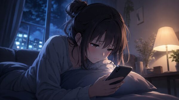 夜の部屋でスマホを見つめ既読無視に疲れた日本人女性が落ち込むイメージ