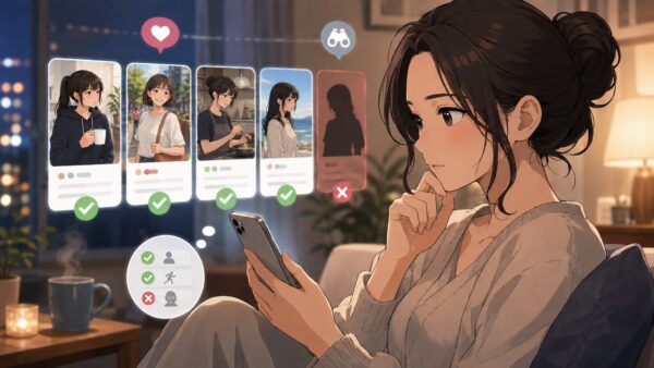 スマホで複数のプロフィールを比較しながら出会う相手を慎重に選ぶ女性