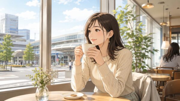 新潟駅前カフェで安心して再会を待つ日本人女性