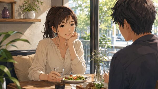昼のカフェで安心した表情で会話する日本人シングルマザーの低負担ランチデート画像