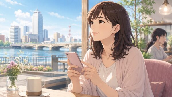 新潟市内でPCMAXなど新しい出会いの選択肢を探す日本人女性のカフェシーン
