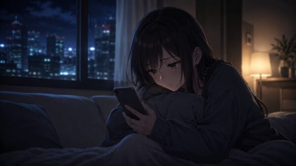 夜の部屋でスマホを見つめオタ恋デート後の既読無視や追いLINEを我慢する日本人女性