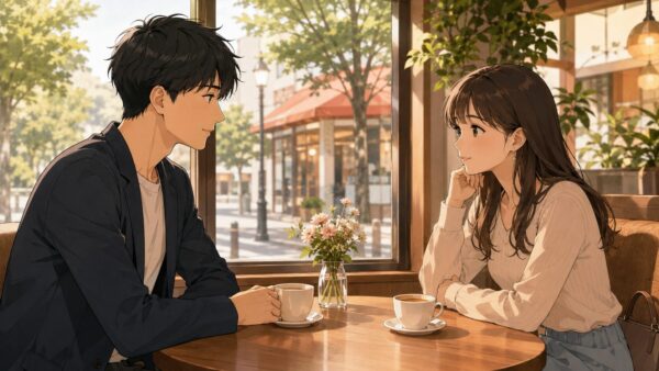 明るいカフェで日本人男女が落ち着いて会話する出会いcafeキラリ後の安全な店外デート