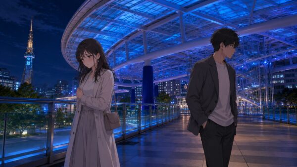 名古屋栄のオアシス21でデート後にスマホを見ながら脈なしサインを不安げに振り返る日本人女性