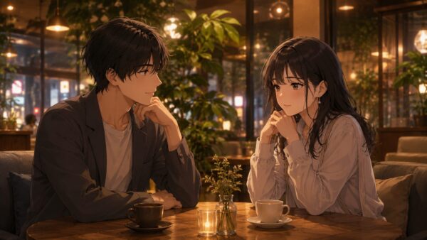 栄の静かなカフェで日本人男女が落ち着いて会話しオアシス21デート後に関係を仕切り直す場面