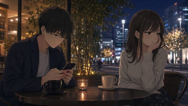 夜のカフェデートで男性がスマホばかり見て女性が退屈そうにする脈なしサインの場面