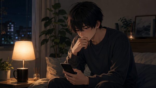 夜の部屋でスマホを見ながら追いLINEを我慢し冷却期間を置く日本人男性のイメージ