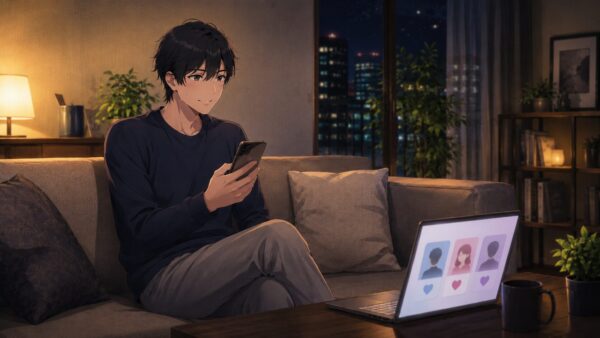 デート不発後に男性が自宅で出会い先を分散して前向きになる様子