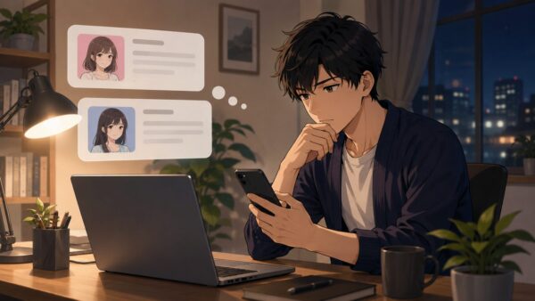 PCMAX掲示板やプロフィールを確認しながらthread出会いの相手を慎重に見極める日本人男性