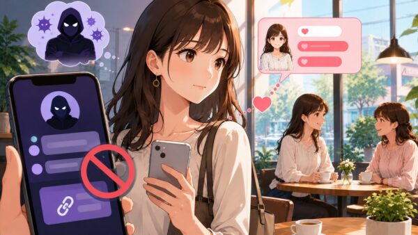怪しいユーザーをブロックし安全なカフェでの出会いを選ぶ女性