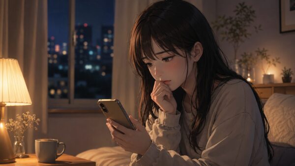 既読無視されたあと追いLINEを我慢しスマホを見つめる日本人女性の夜の部屋