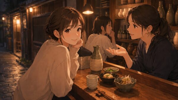古町の居酒屋で女性店員と自然に会話する日本人女性のアニメ画像