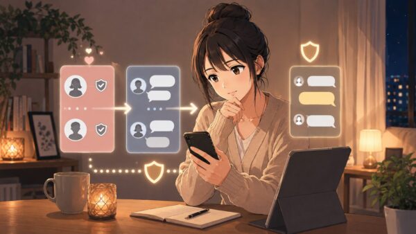 出会いサービスで信頼を確認してからカカオ連絡へ移る流れを示す日本人女性のアニメイラスト