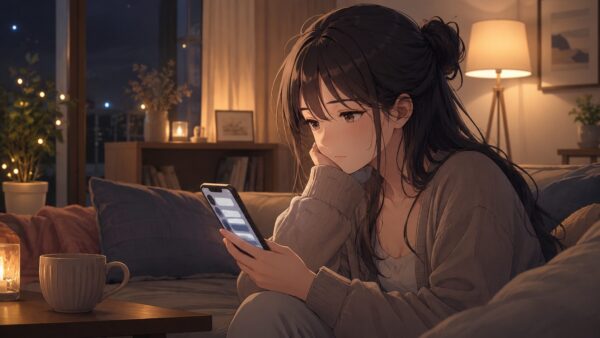 相席屋後のLINE返信や既読無視に悩む状況を表す、夜の部屋でスマホを見る日本人女性のアニメ画像
