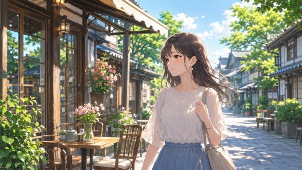 初夏の川越のカフェ街で前向きに歩き出す日本人女性