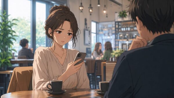 カフェデート中にスマホを確認し不安そうな表情を見せる日本人シングルマザーのアニメ画像