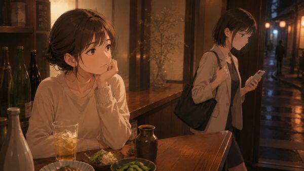 一人飲みで相手の脈なし反応に気づく日本人女性のアニメ画像