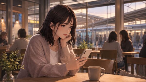 駅近カフェでスマホを見ながら新潟で今から会える相手に軽く誘う日本人女性