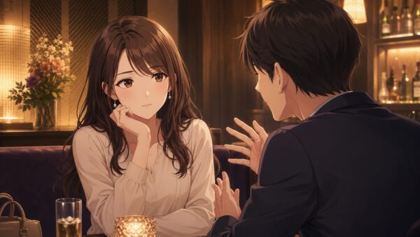 相席屋で男性が前のめりに会話する一方、女性が温度差を感じている様子を描いたアニメ画像