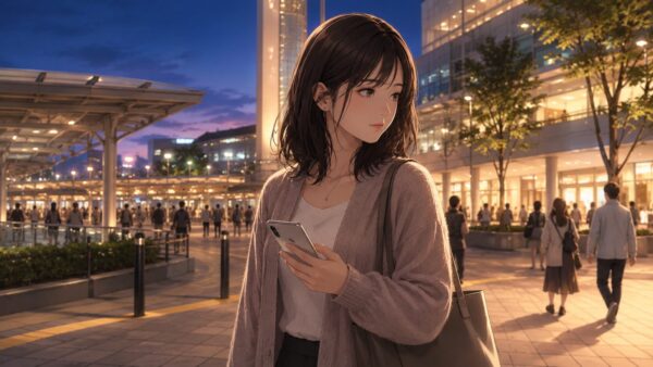 新潟駅前や万代周辺の人通りが多い場所でスマホを確認する日本人女性