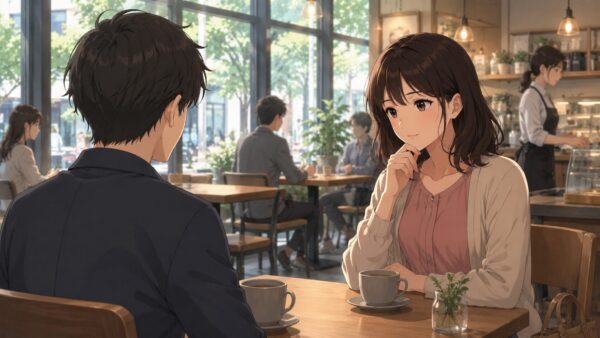 明るいカフェで男性と安全に初対面する日本人女性