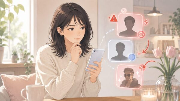 スマホで相手のプロフィールを確認し危険な相手を見極める女性