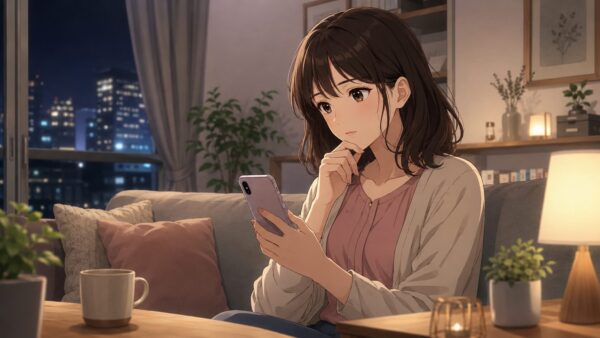 夜の部屋でスマホを見ながら出会いの場を考える日本人女性