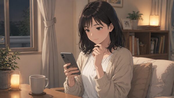 部屋でスマホを見ながら身バレに注意してアプリを使う日本人女性