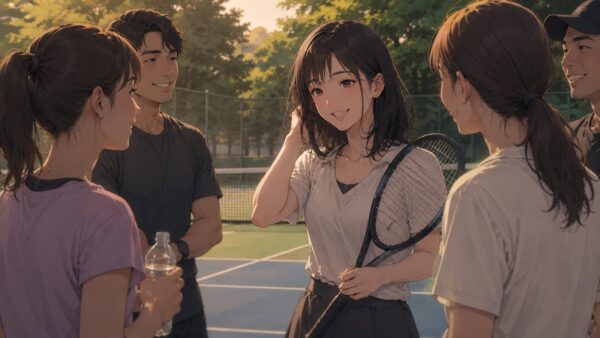 テニスサークルで自然に会話する社会人女性