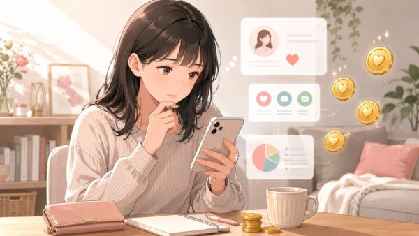 PCMAX料金をスマホで確認しながら出会いの費用を考える女性