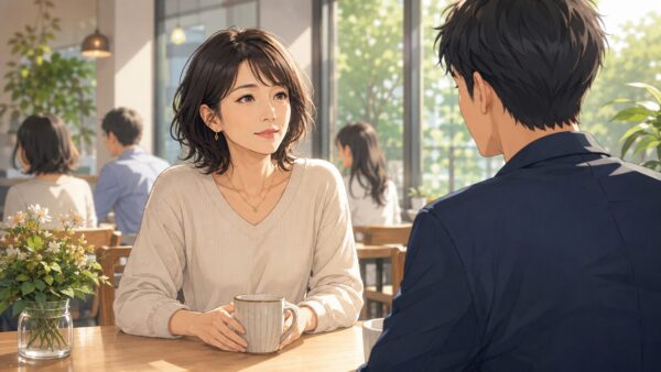 昼のカフェで安心して初回デートをする40代女性と男性