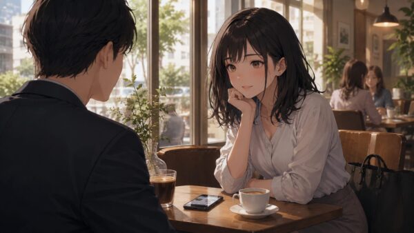 カフェで男性と安全に会話する社会人女性