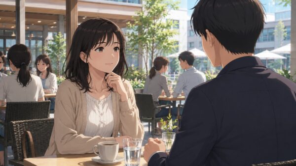 昼のカフェで日本人女性が安全に初対面の男性と会話している