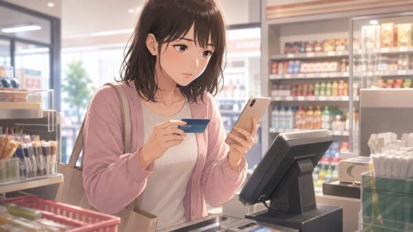 コンビニでPCMAXプリペイドカードの購入方法を確認する日本人女性