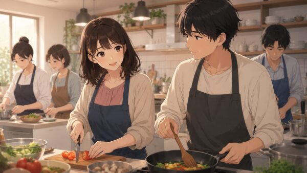 料理教室で男性と自然に交流する日本人女性のアニメ画像